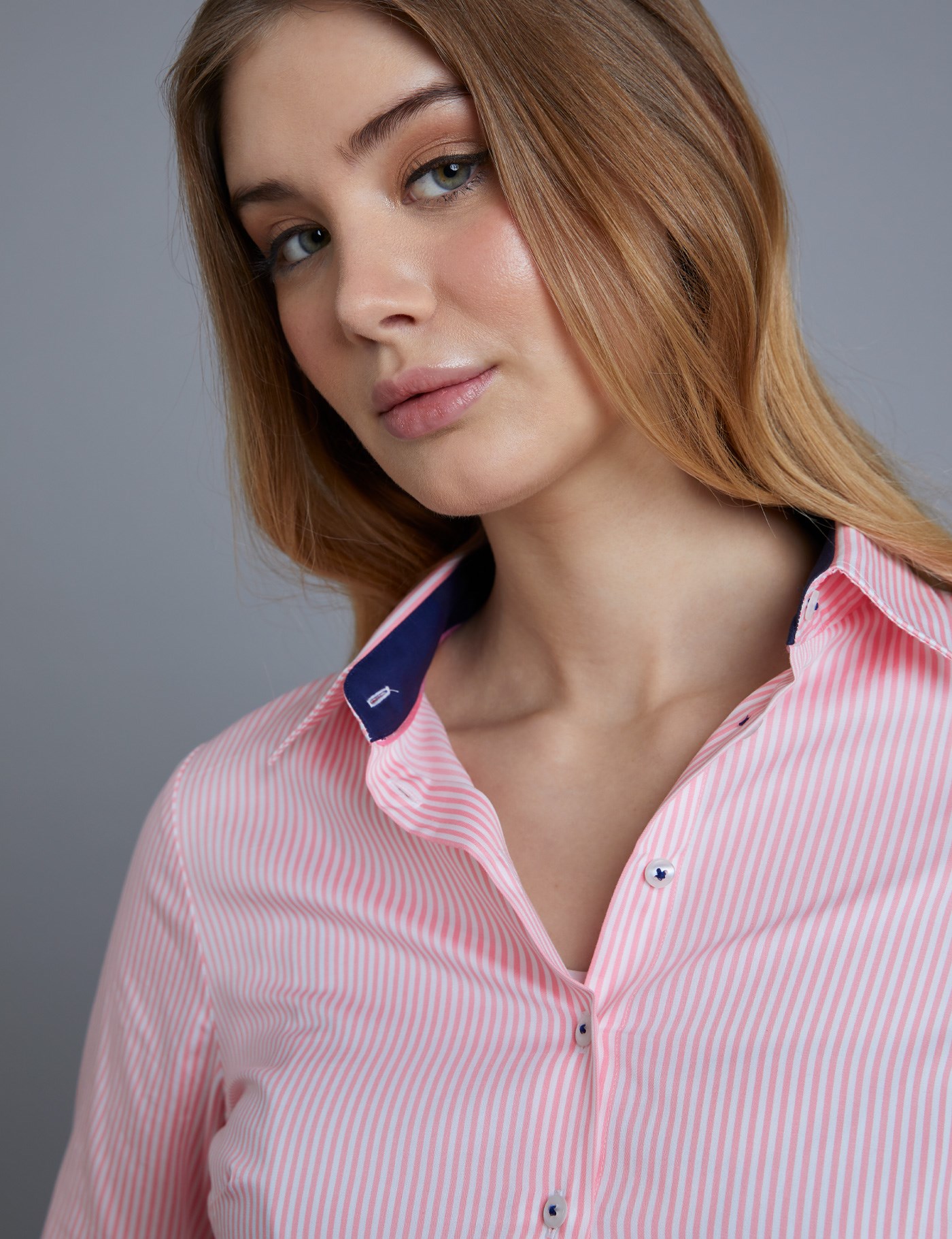 Women's White & Pink Bengal Stripe Fitted Three Quarter Sleeve Shirt ...
