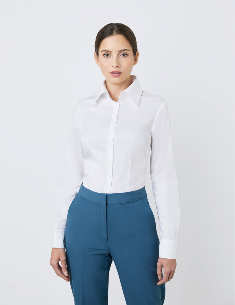 Women's White Fitted Vintage Hipster Shirt with High Long Collar - Double Cuff