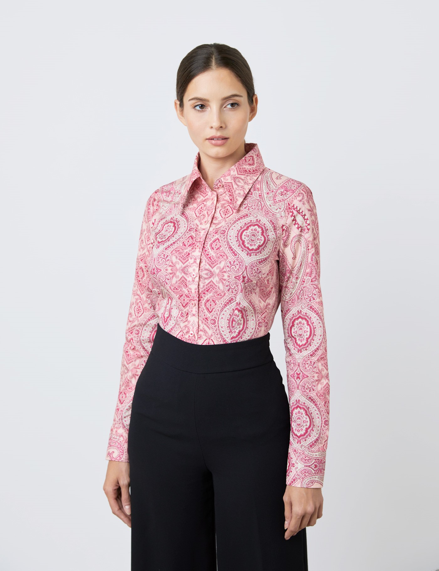 Image of Hawes & Curtis Women's Vintage Paisley Fitted Shirt in Pink/Fuchsia Size  Single Cuff