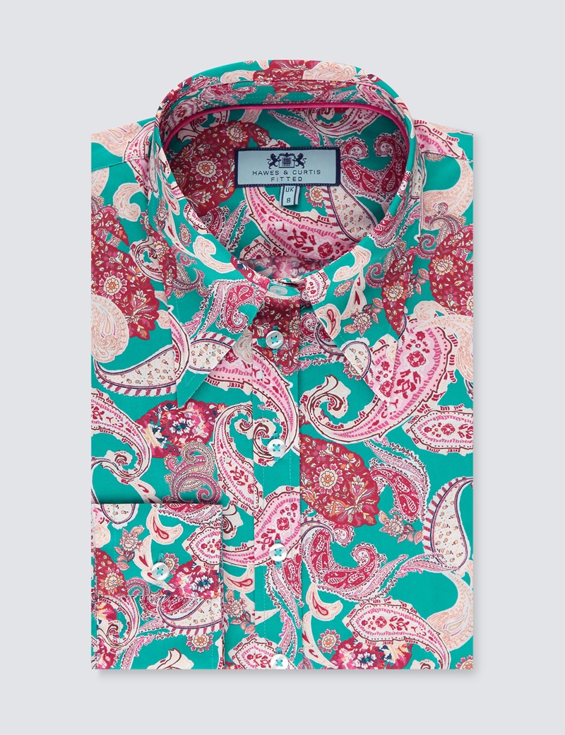 Women's Green & Rusty Pink Paisley Fitted Shirt with Vintage Collar - Single Cuff