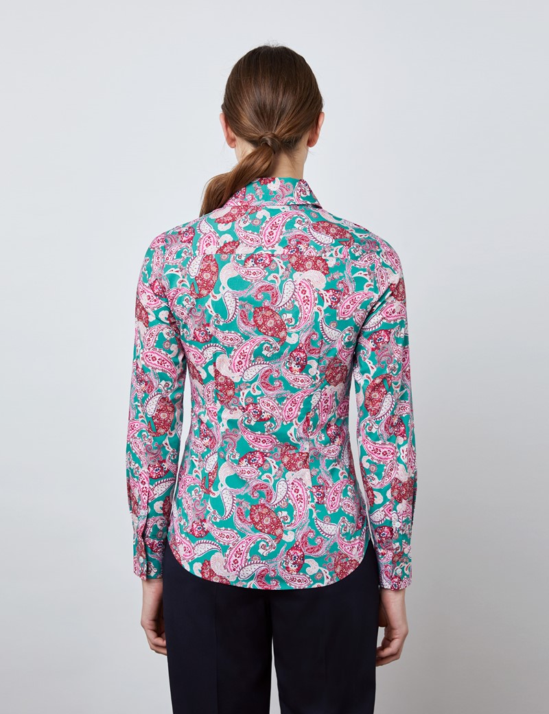 Women's Green & Rusty Pink Paisley Fitted Shirt with Vintage Collar - Single Cuff
