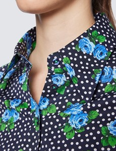 Women's Blue & White Roses Print Fitted Cotton Stretch Shirt