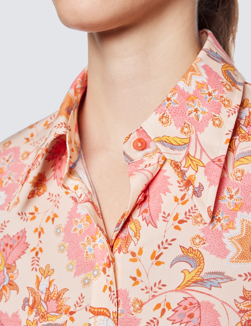 Women's Pink & Yellow Vintage Paisley Print Fitted Cotton Stretch Shirt