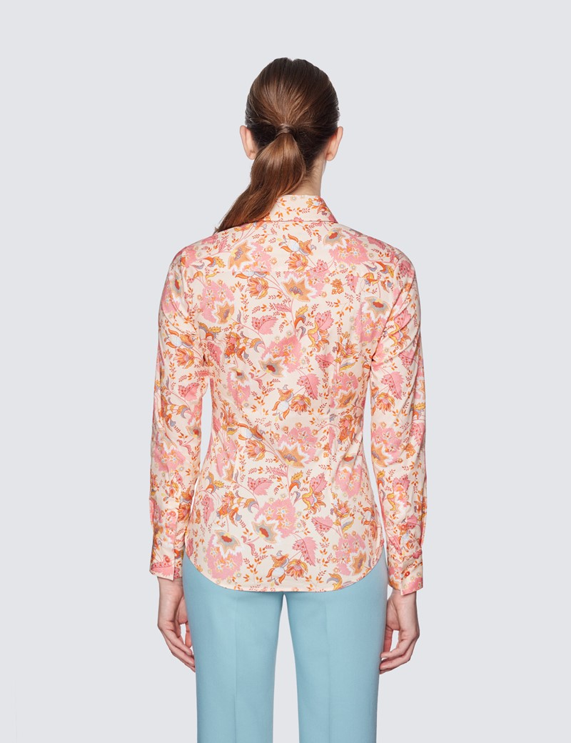 Women's Pink & Yellow Vintage Paisley Print Fitted Cotton Stretch Shirt