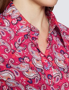 Women's Red & Blue Vintage Paisley Print Fitted Cotton Stretch Shirt
