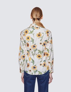Women's Cream & Yellow Floral Print Fitted Cotton Stretch Shirt