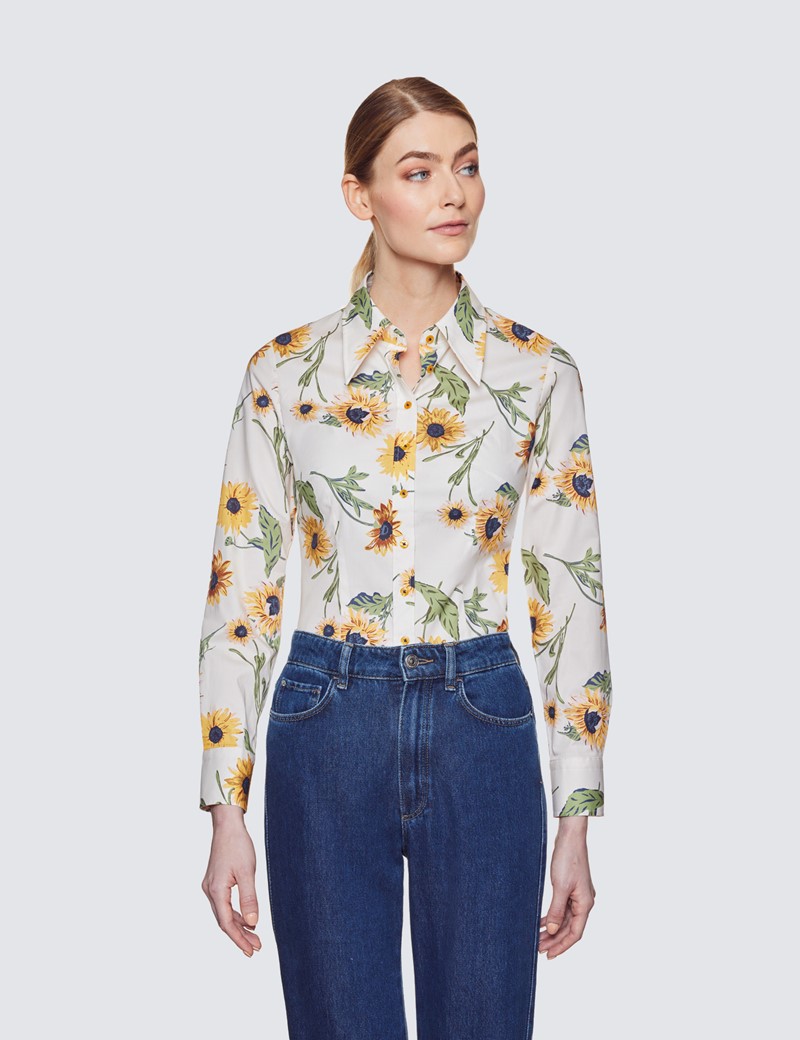 Women's Cream & Yellow Floral Print Fitted Cotton Stretch Shirt