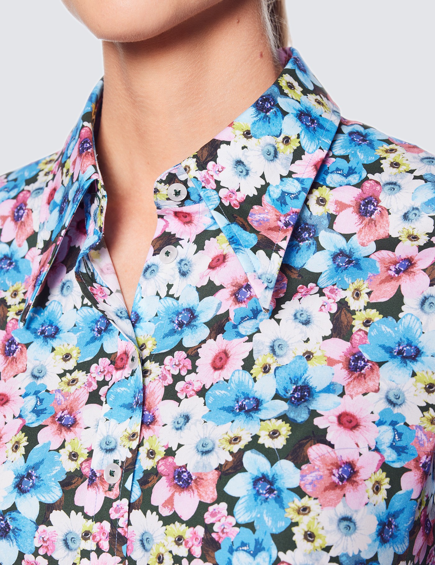 Women's Blue & Pink Multi Floral Print Fitted Shirt with Vintage 