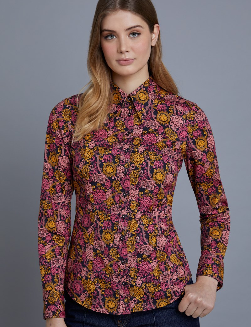 Women's Black & Pink Vintage Paisley Fitted Shirt Single Cuff Hawes