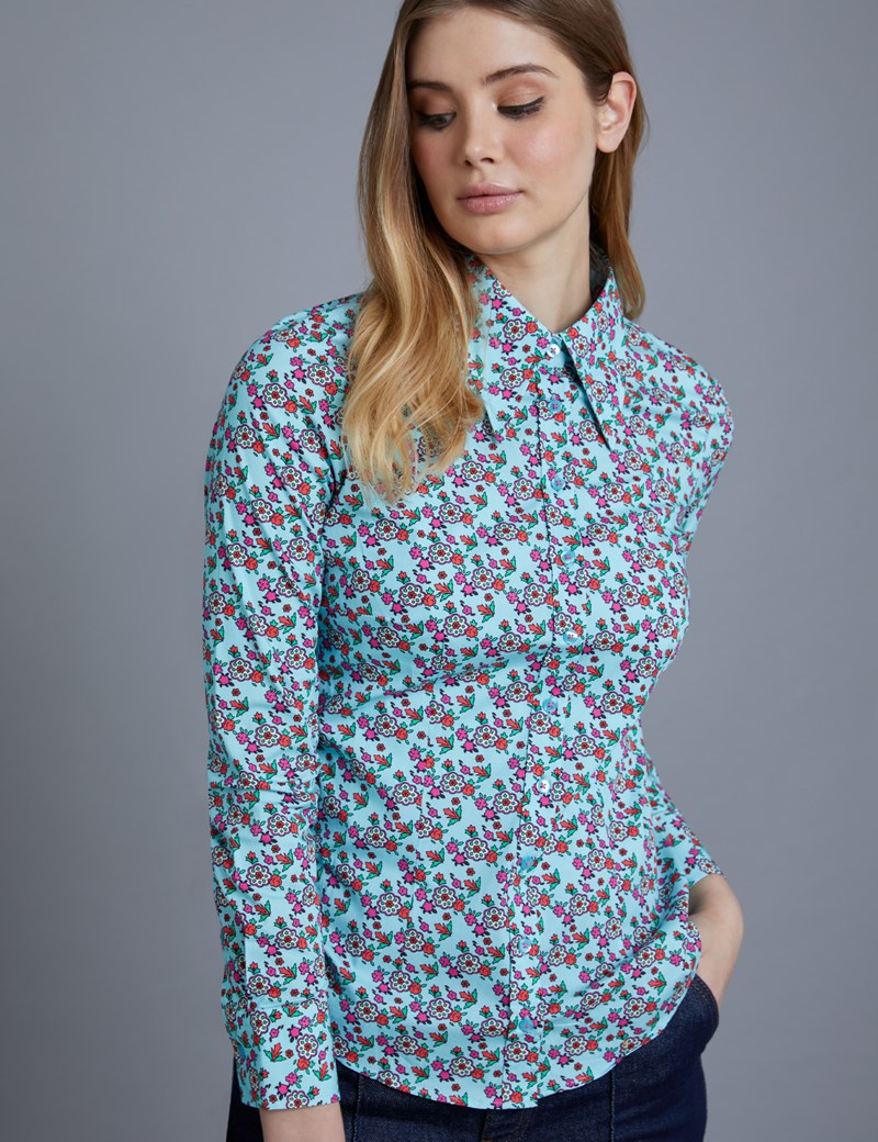 Women's Aqua Vintage Floral Fitted Shirt - Single Cuff | Hawes & Curtis