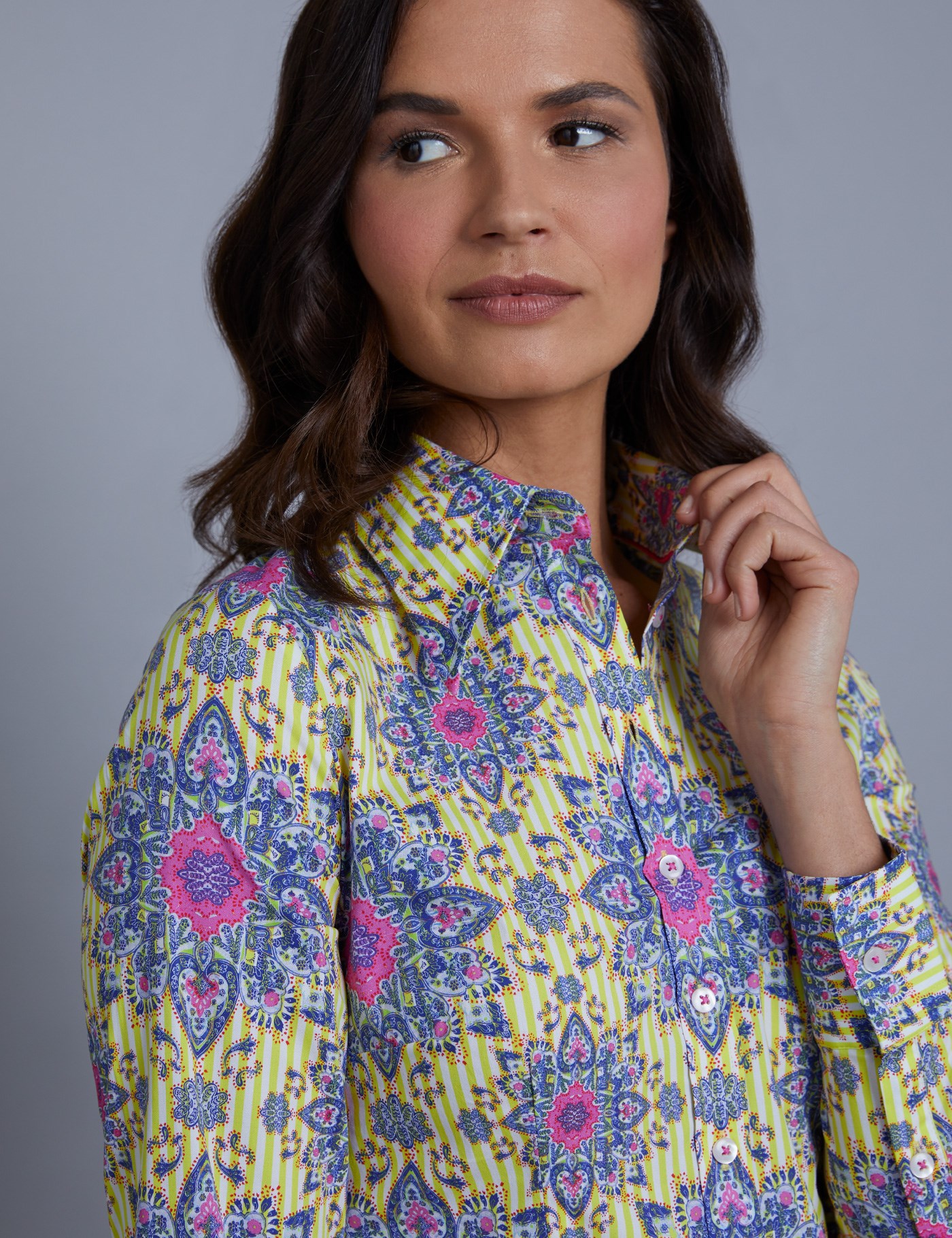 Women's Yellow & Blue Paisley Fitted Shirt Single Cuff Hawes & Curtis