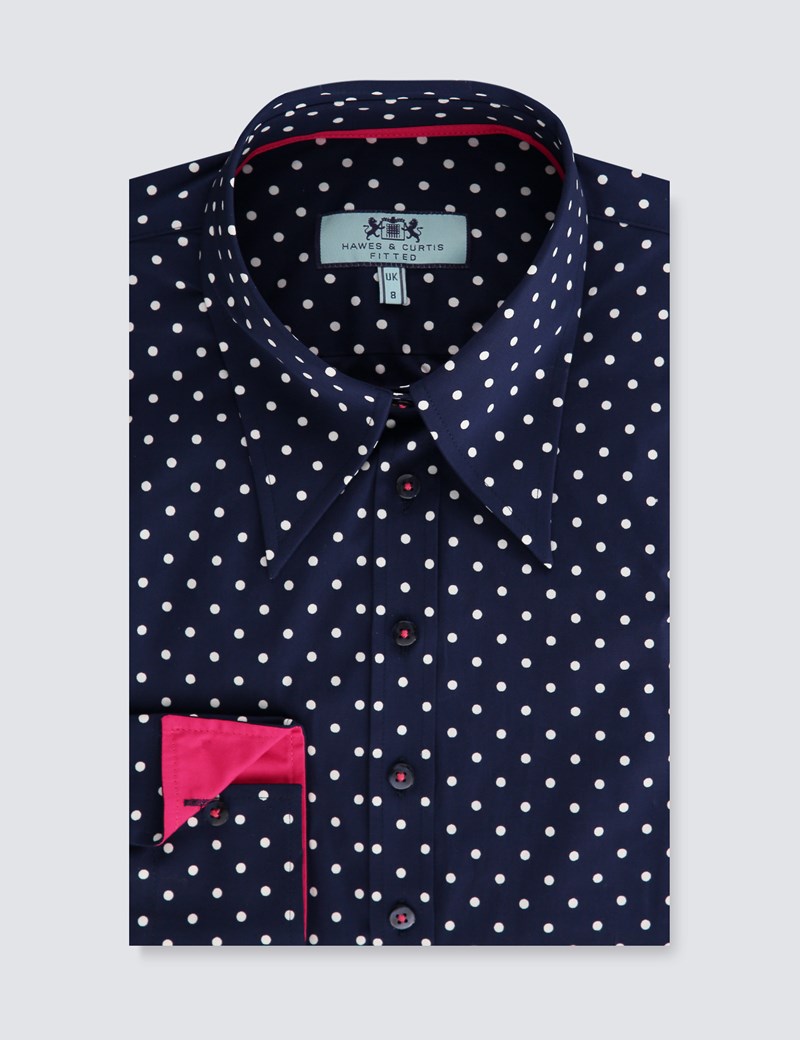 Women's Navy & White Spot Fitted Shirt - Single Cuff | Hawes & Curtis