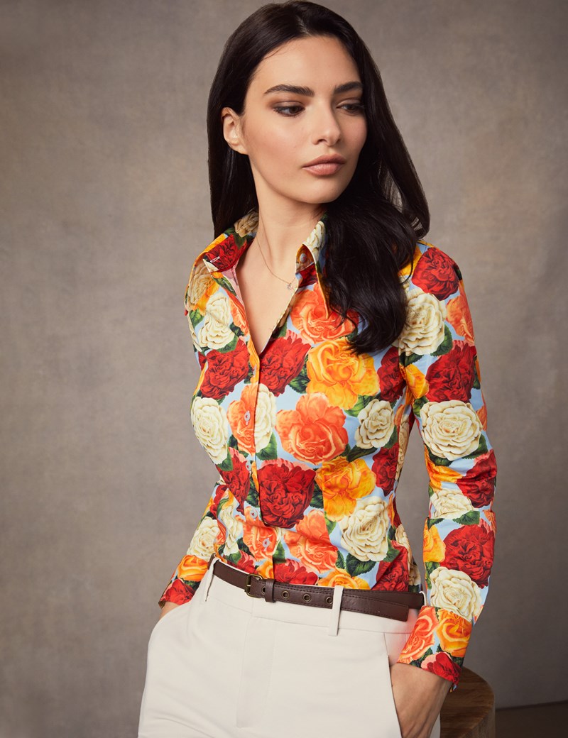 Women's Red & Orange Floral Stretch Fitted Shirt - Single Cuff | Hawes ...