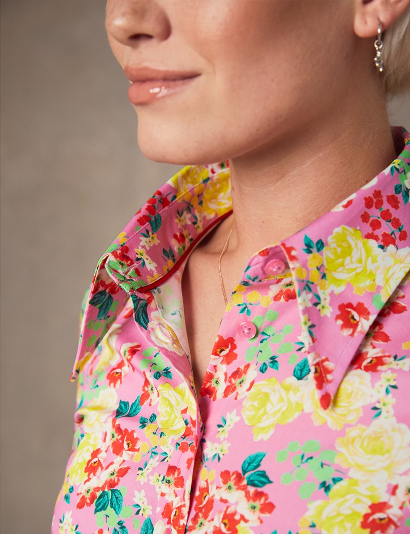 Women's Pink & Red Floral Print Fitted Shirt - Single Cuff | Hawes & Curtis