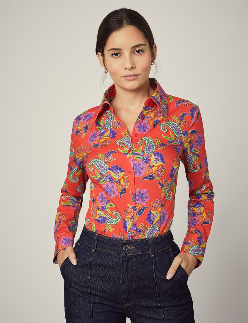 Women's Coral Paisley Floral Fitted Shirt - Single Cuff | Hawes & Curtis
