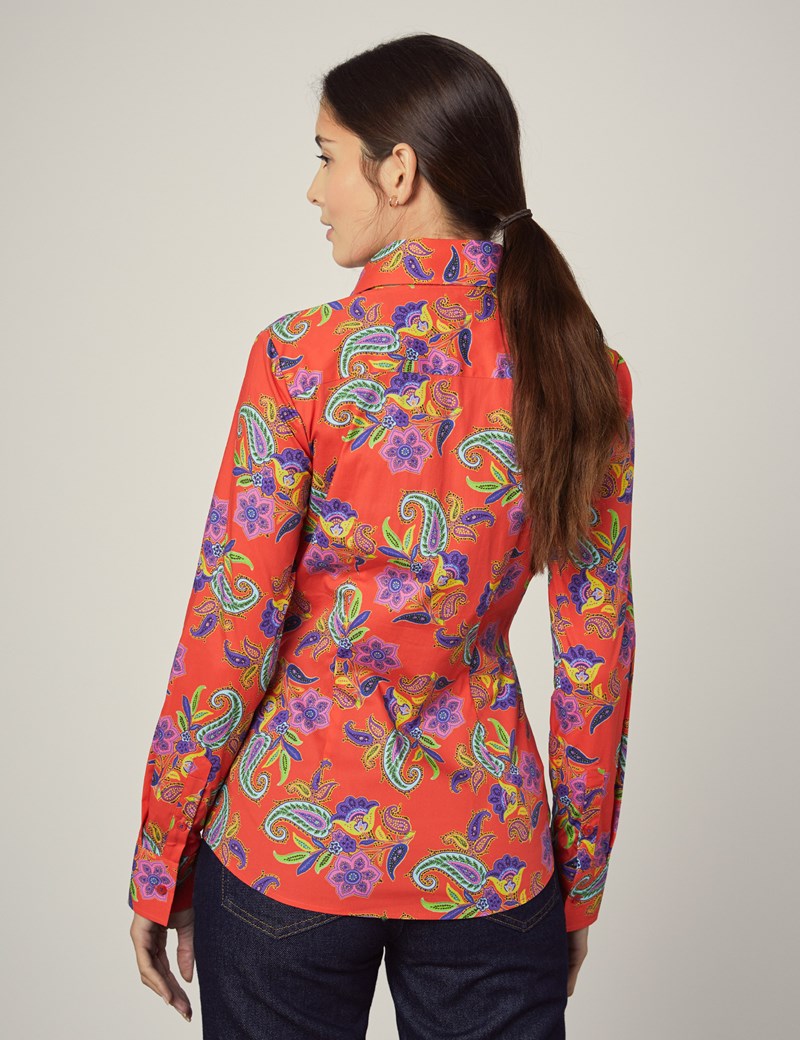 Women's Coral Paisley Floral Fitted Shirt - Single Cuff | Hawes & Curtis