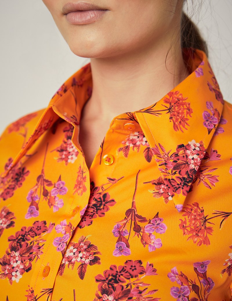 Women's Orange & Red Floral Fitted Shirt With Vintage Collar - Single ...
