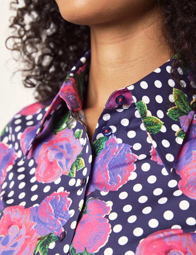 Women's Navy & Purple Floral Fitted Shirt With Vintage Collar - Single ...