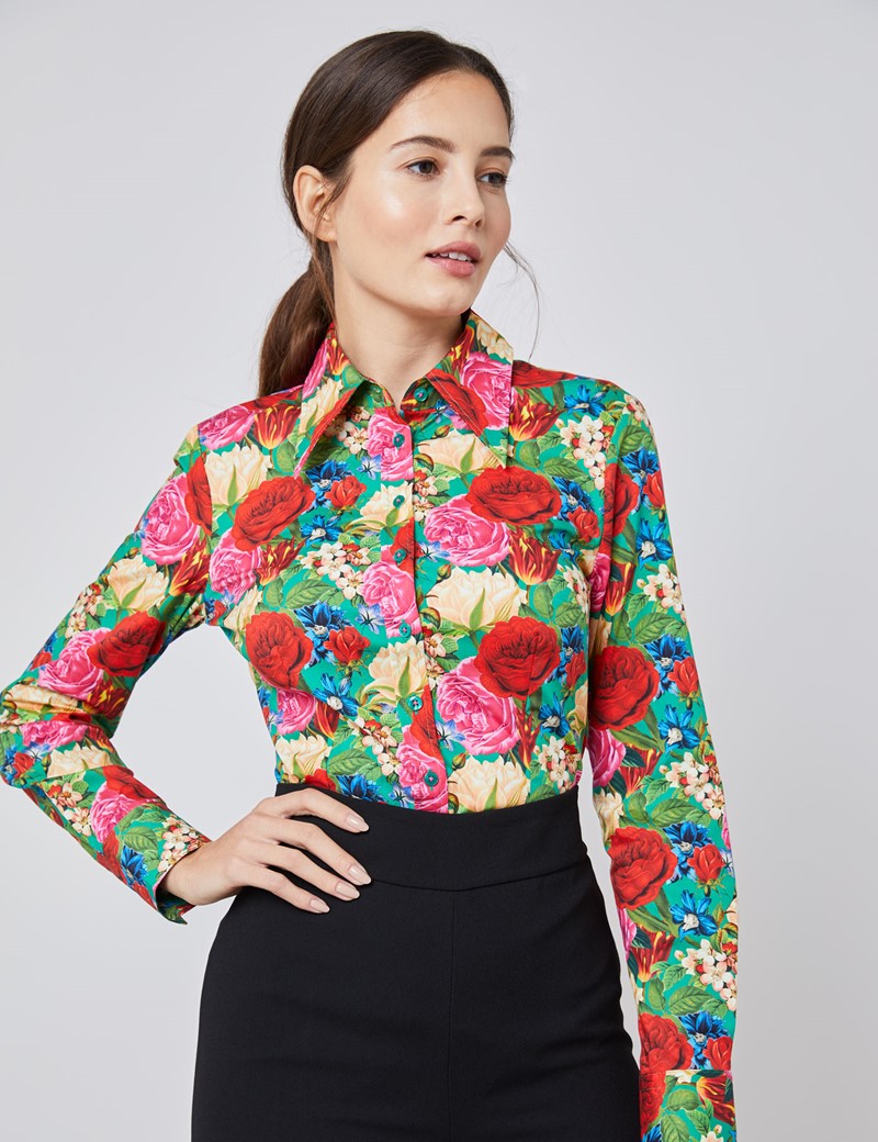 Women's Red & Cream Floral Fitted Shirt With Vintage Collar - Single ...
