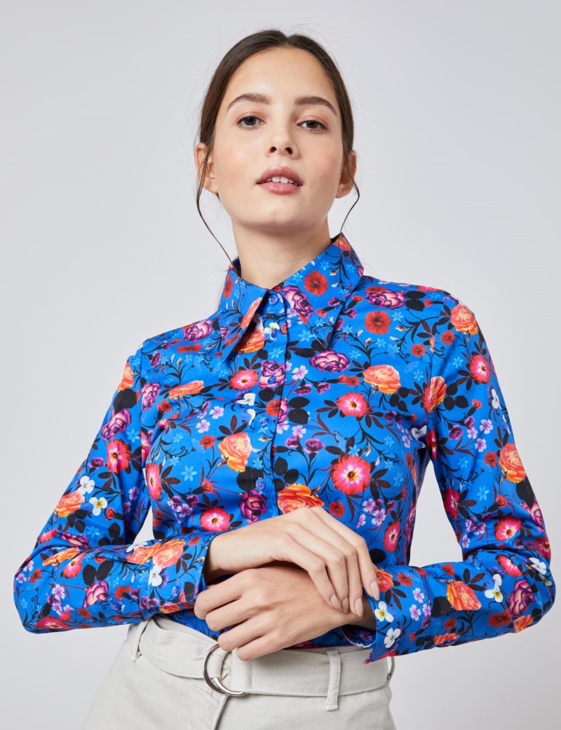 Women's Royal & Red Floral Fitted Shirt With Vintage Collar - Single ...