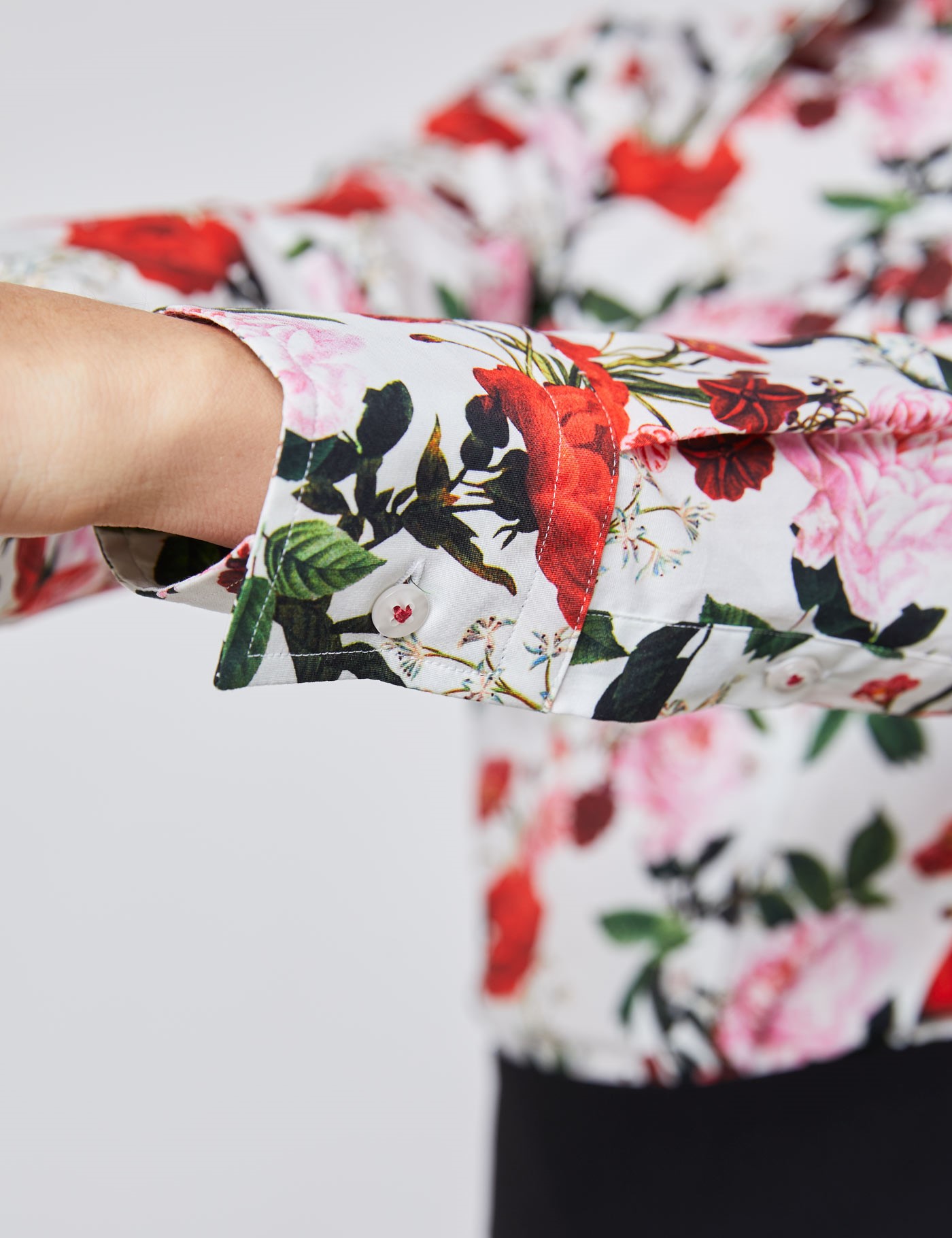 Women's White & Red Floral Print Fitted Shirt - Single Cuff | Hawes ...