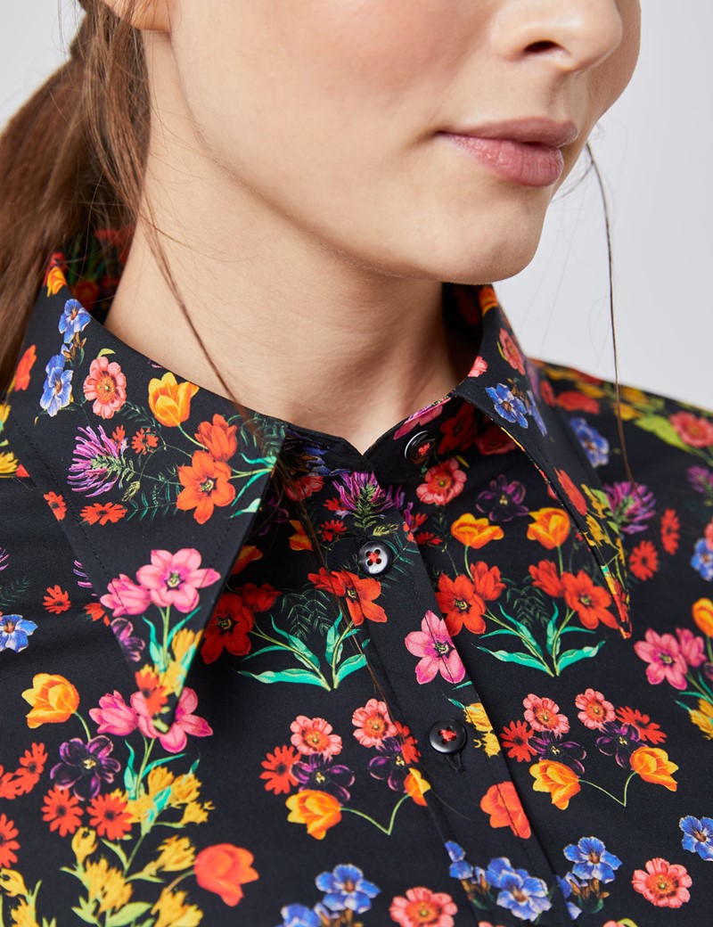 Women's Black & Red Vintage Floral Print Fitted Shirt - Single Cuff ...