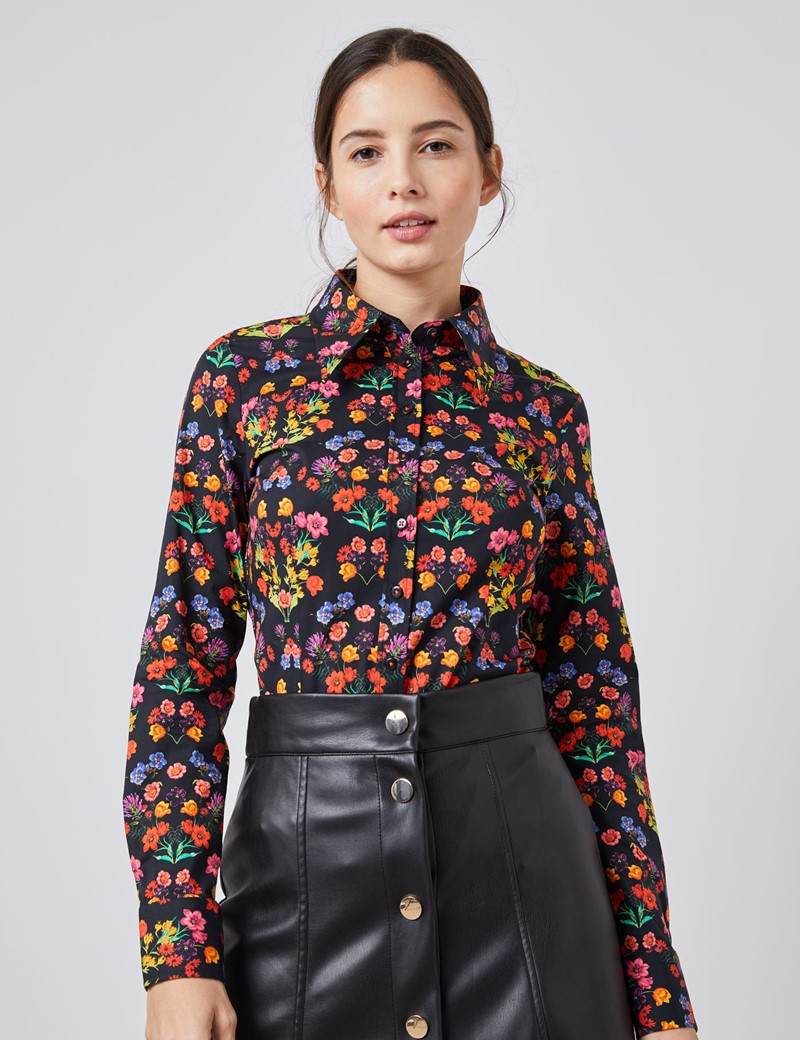 Women's Black & Red Vintage Floral Print Fitted Shirt - Single Cuff ...