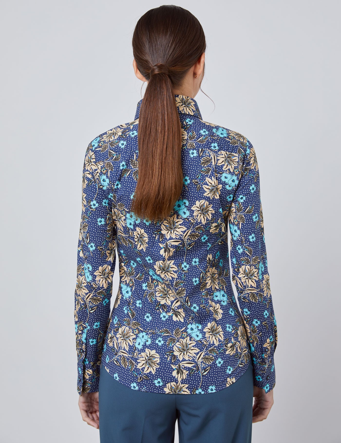 Women's Navy & Light Blue Vintage Floral Spot Fitted Shirt Single