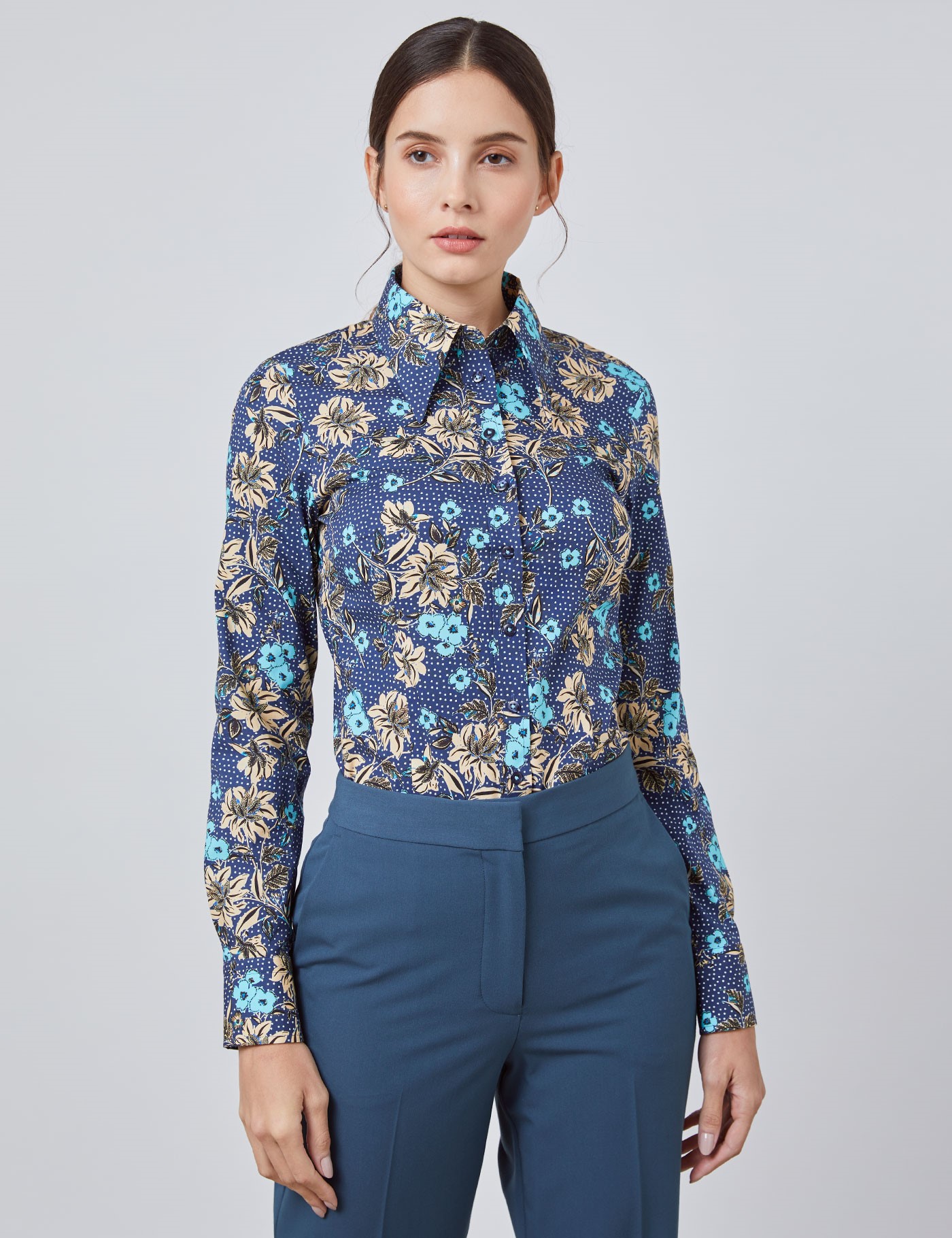 Women's Navy & Light Blue Vintage Floral Spot Fitted Shirt - Single ...