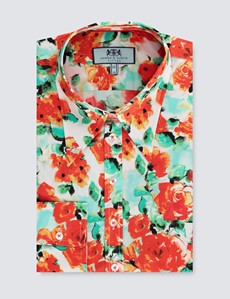 Women's Cream & Red Vintage Cason Rose Floral Fitted Shirt - Single Cuff