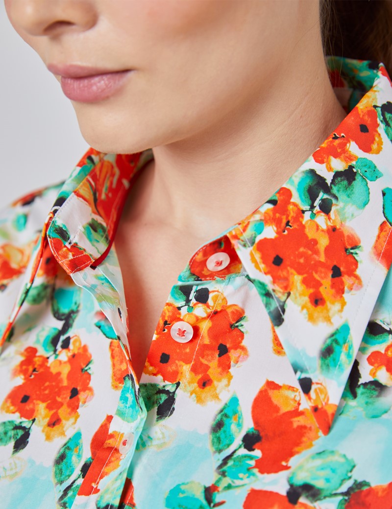 Women's Cream & Red Vintage Cason Rose Floral Fitted Shirt - Single Cuff