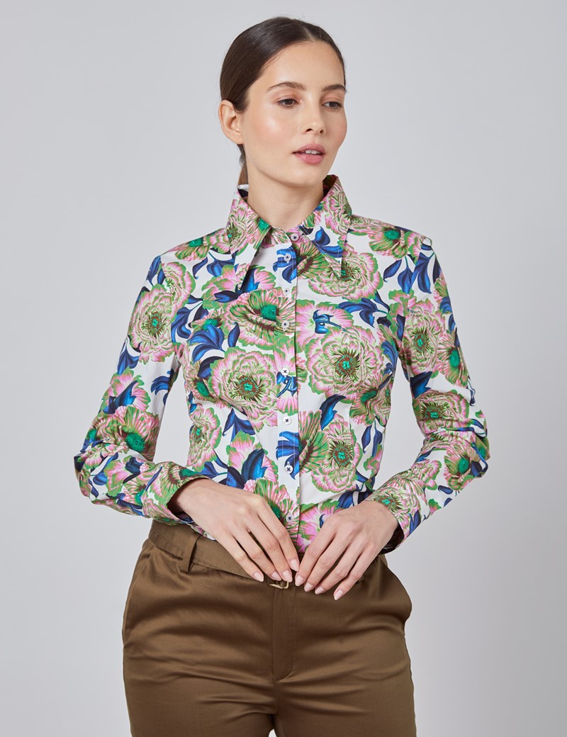 Women's White & Pink Vintage Floral Fitted Shirt - Single Cuff | Hawes ...