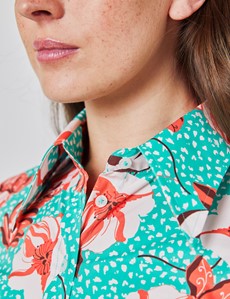 Women's Teal & Brown Vintage Floral Fitted Shirt - Single Cuff