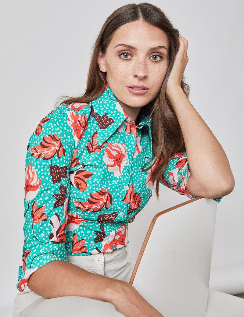 Women's Teal & Brown Vintage Floral Fitted Shirt - Single Cuff