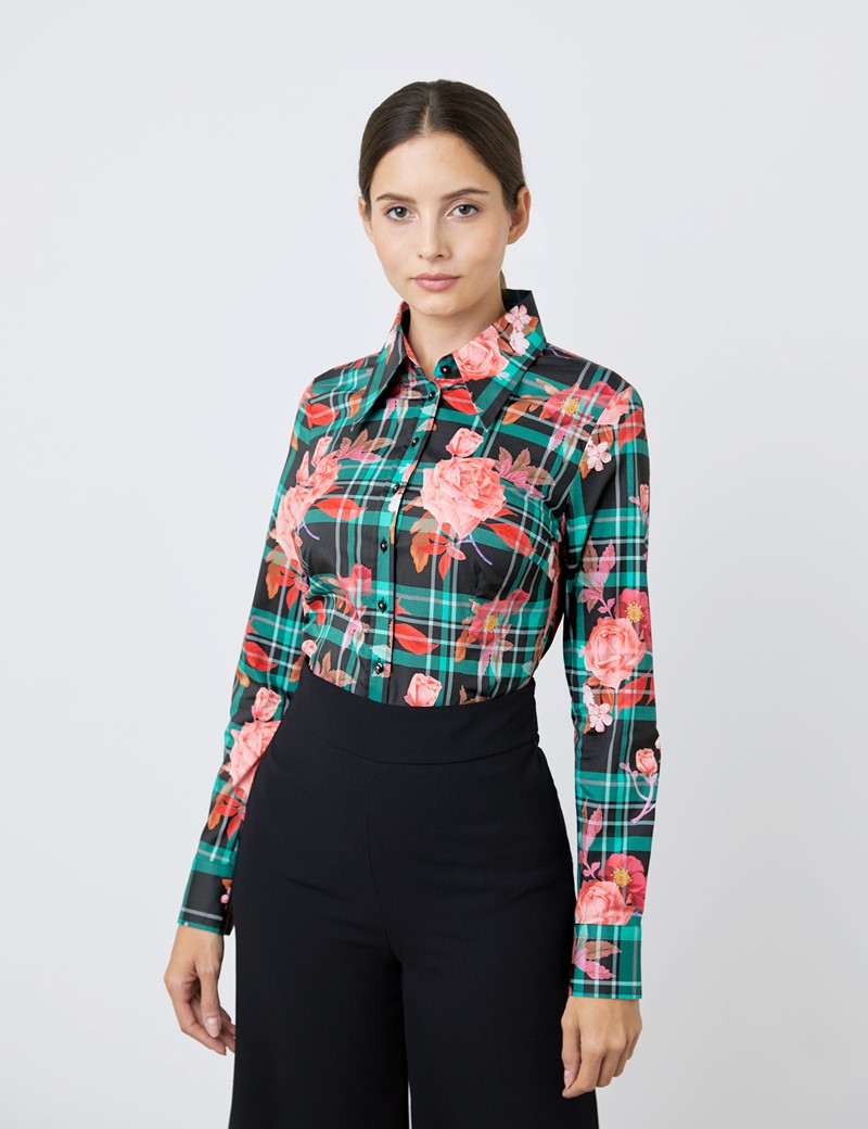Cotton Women's Fitted Shirt with Tartan Roses Print and Pointed Collar ...