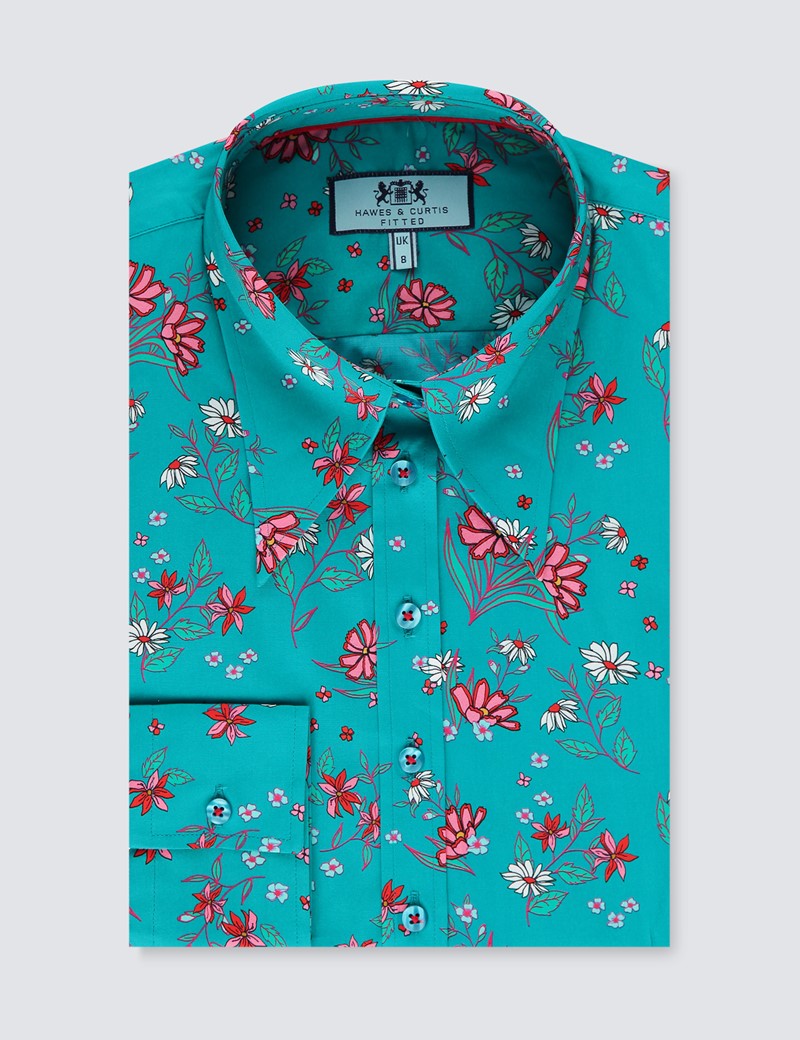 Women's Teal & Pink Daisy Print Fitted Shirt with Vintage Collar - Single Cuff