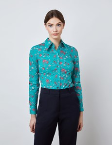 Women's Teal & Pink Daisy Print Fitted Shirt with Vintage Collar - Single Cuff