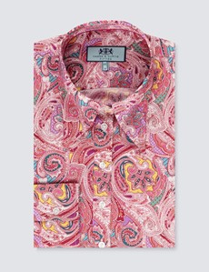 Women's Wine & Pink Paisley Print Fitted Shirt with Vintage Collar - Single Cuff