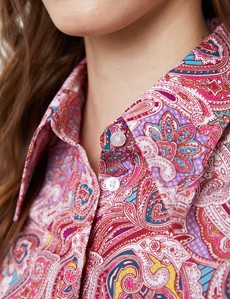 Women's Wine & Pink Paisley Print Fitted Shirt with Vintage Collar - Single Cuff