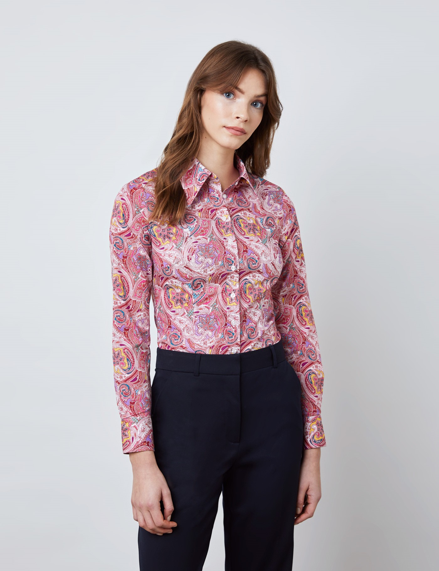 Cotton Women's Paisley Print Fitted Shirt with Vintage Collar in Wine ...