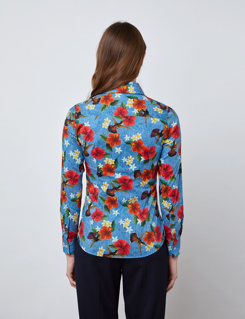 Women's Blue & Red Hibiscus Print Fitted Shirt with Vintage Collar - Single Cuff