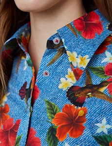 Women's Blue & Red Hibiscus Print Fitted Shirt with Vintage Collar - Single Cuff