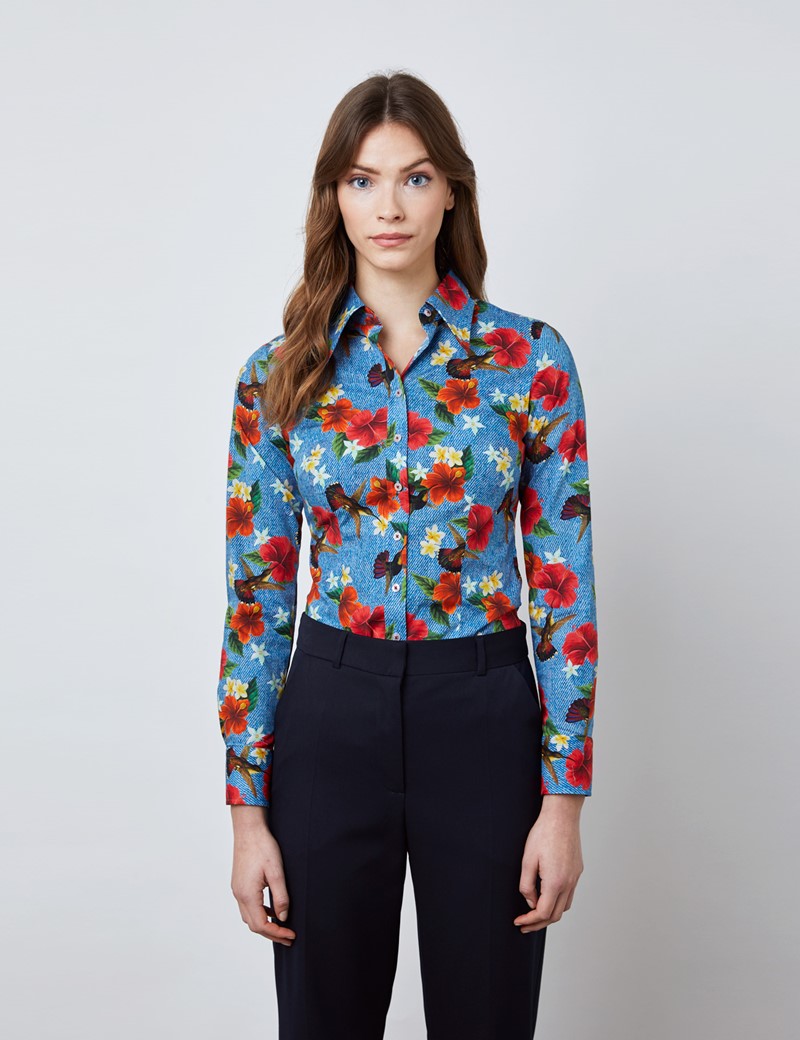 Women's Blue & Red Hibiscus Print Fitted Shirt with Vintage Collar ...