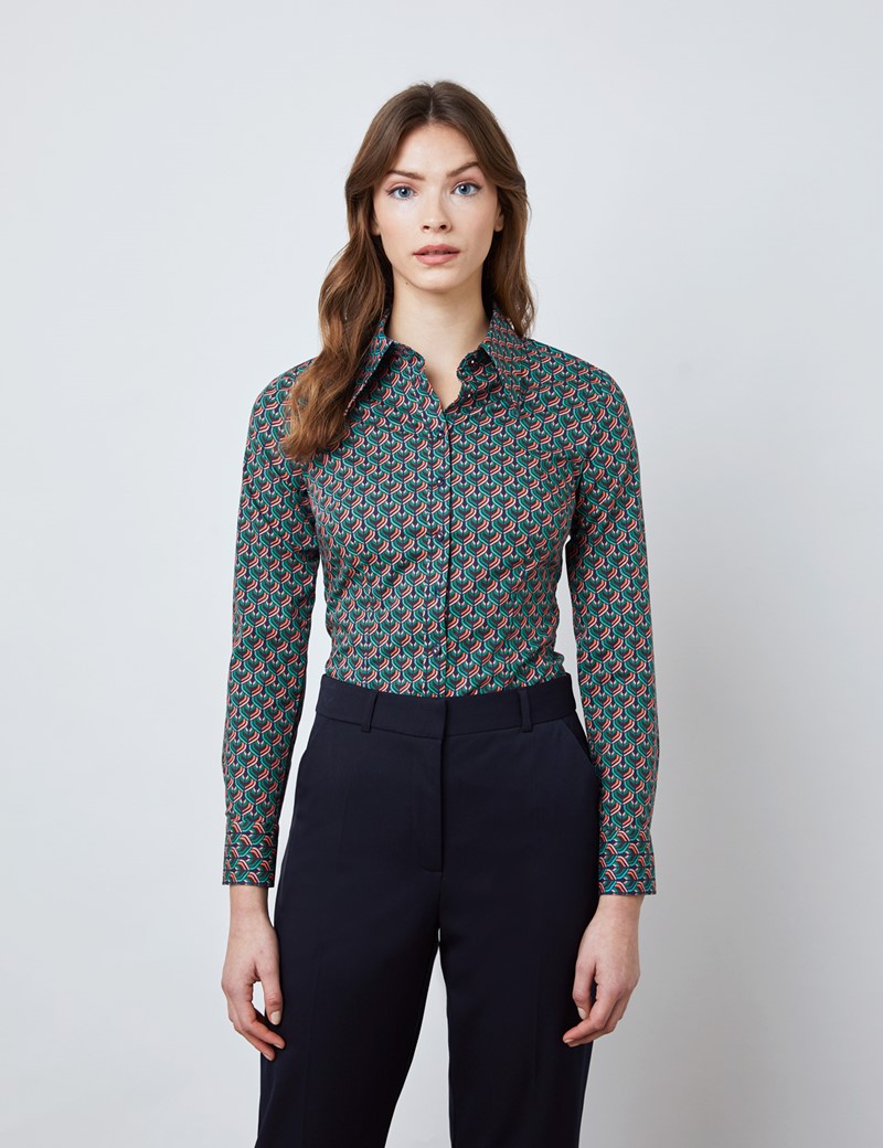 Women's Navy & Teal Geometric Print Fitted Shirt with Vintage Collar ...