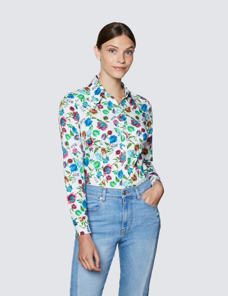 Women's White & Green Multi Roses Print Fitted Shirt with Vintage Collar - Single Cuff