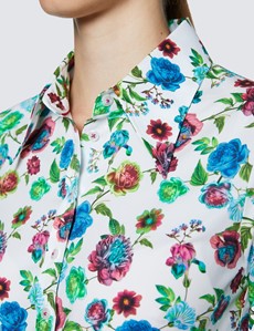 Women's White & Green Multi Roses Print Fitted Shirt with Vintage Collar - Single Cuff