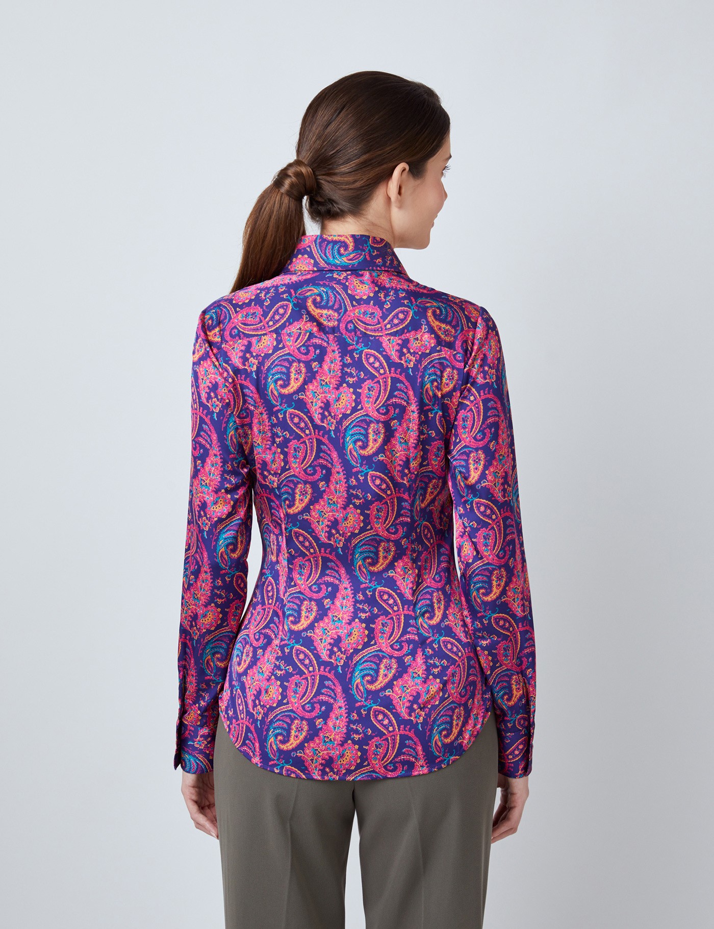 Satin Womens Fitted Blouse With Vintage Paisley Print And Single Cuff