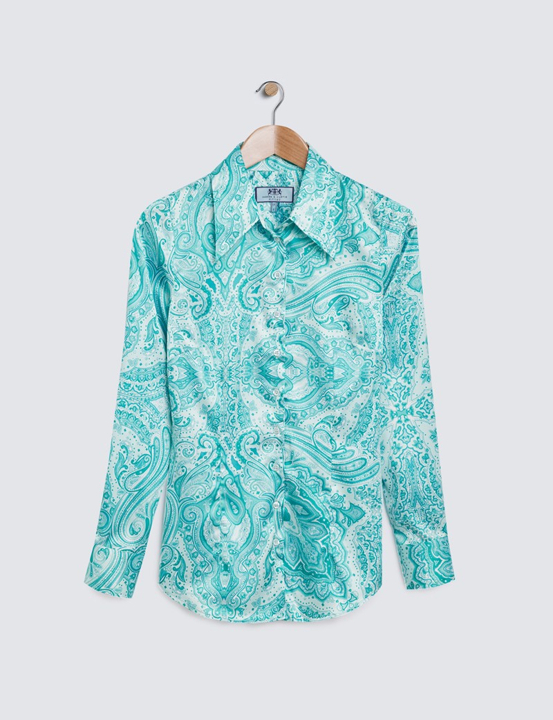 Women's Green & White Paisley Print Vintage Collar Satin Fitted Shirt