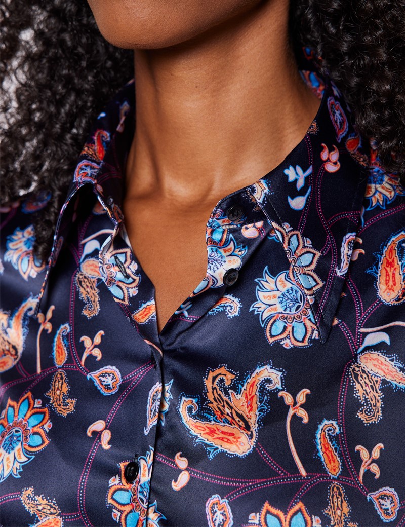 Women's Orange & Blue Floral Paisley Print Satin Fitted Shirt