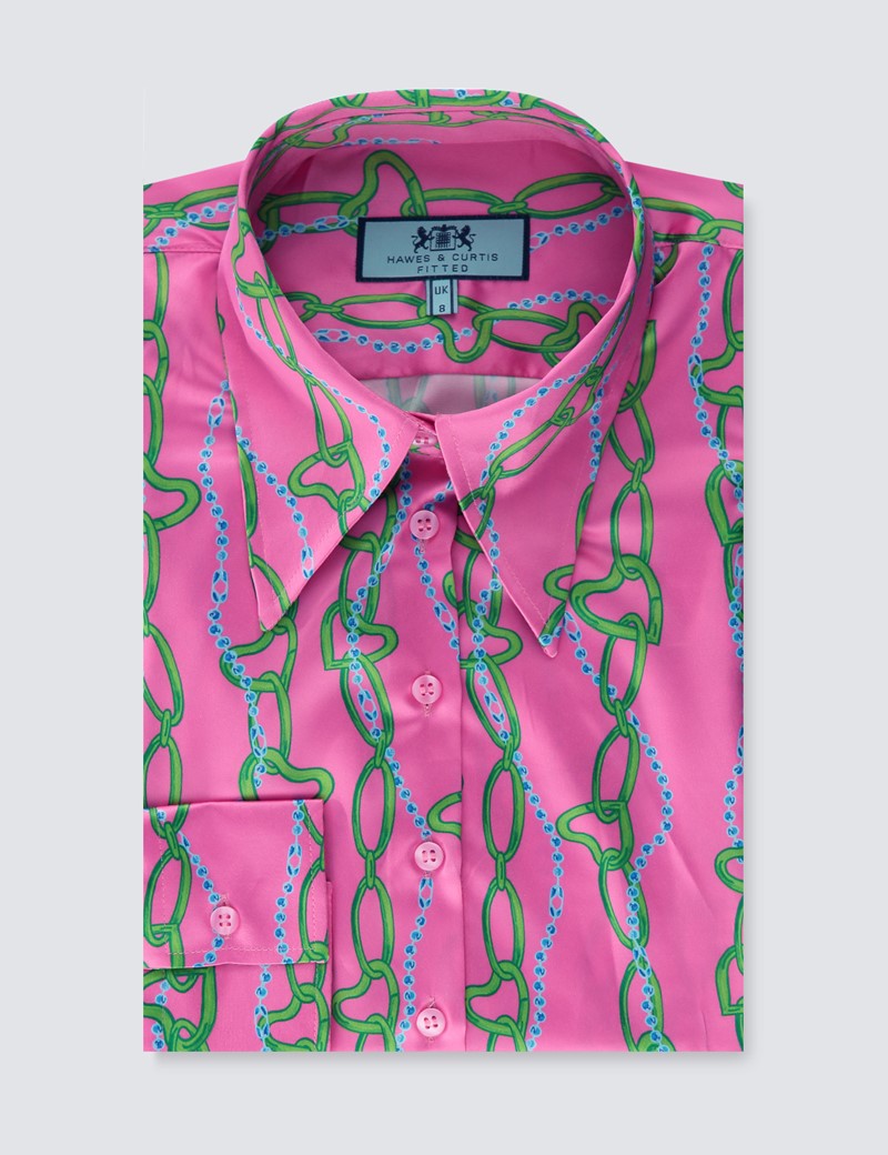 Women's Pink & Green Hearts and Chains Print Vintage Collar Fitted Satin Shirt - Single Cuff